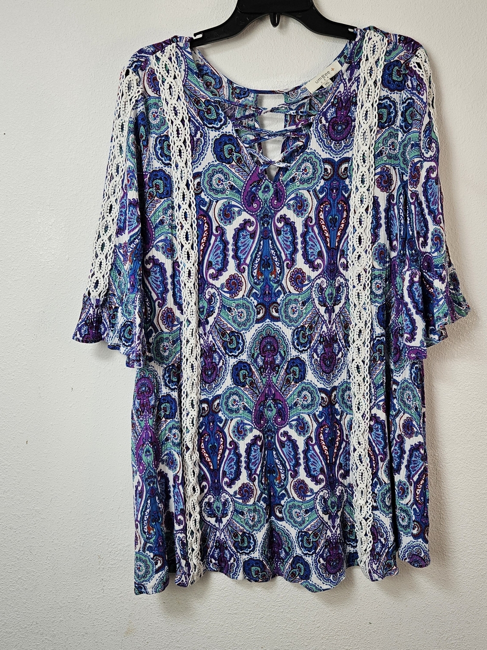 Umgee Blue and Purple Paisley Lace-Trim Tunic Size 1XL Boho